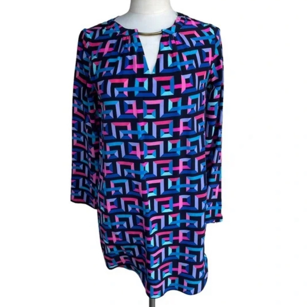AMANDA UPRICHARD Blue Geometric Key-hole Long Sleeve Silk Tunic Short dress